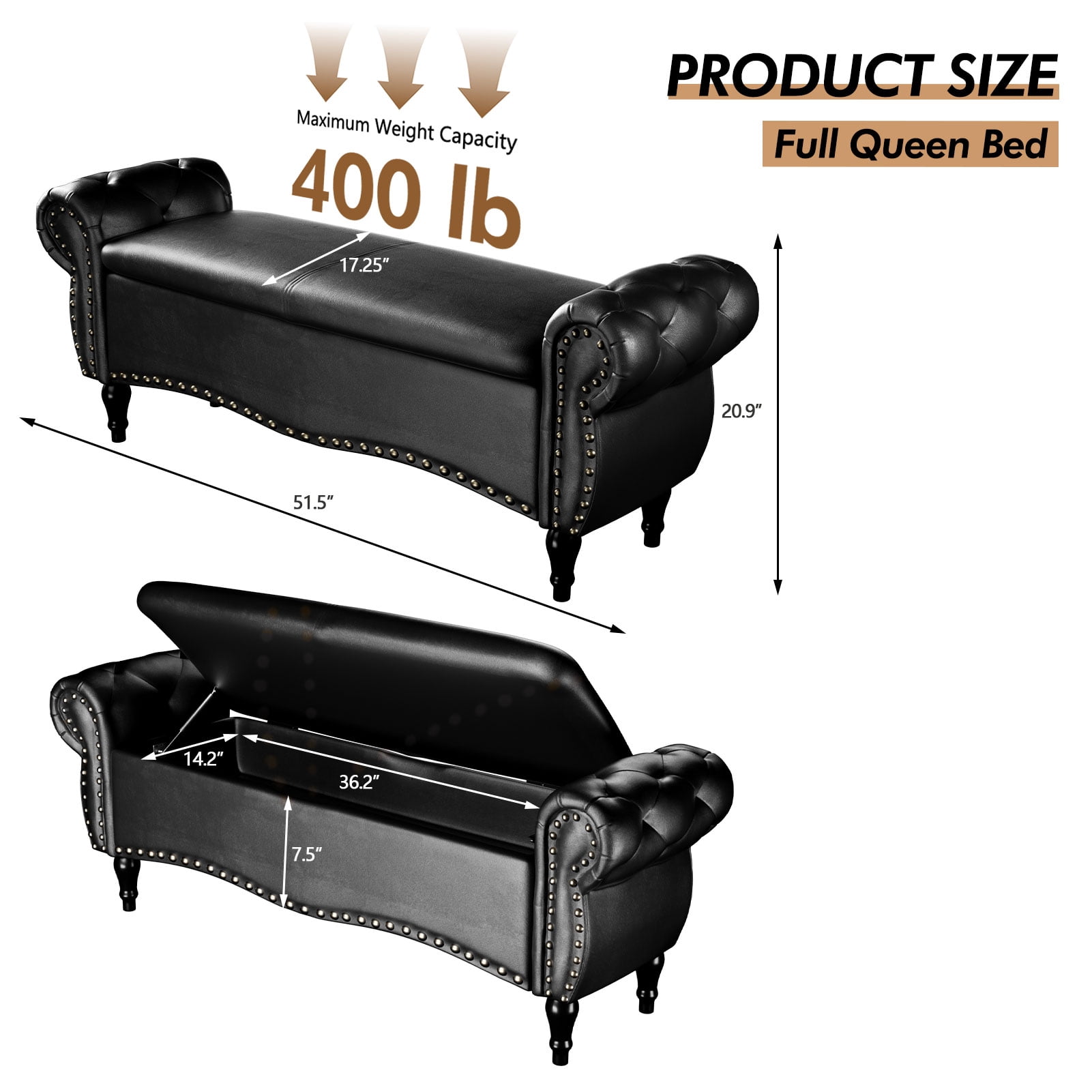zzw 53" Upholstered Storage Ottoman Bench with Safety Hinge Lid and Tufted Fabric