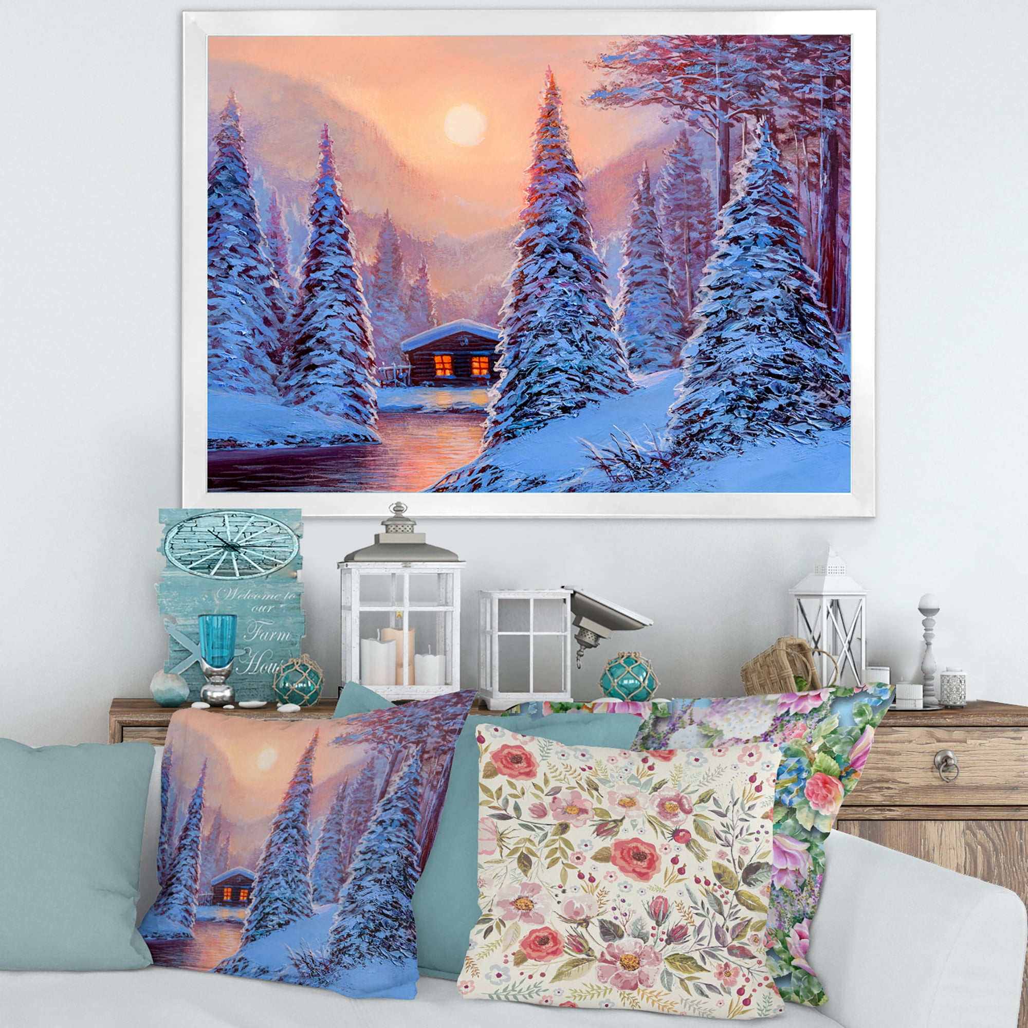 Designart 'The River House In The Woods and Winter Landscape I' Lake House Framed Art Print