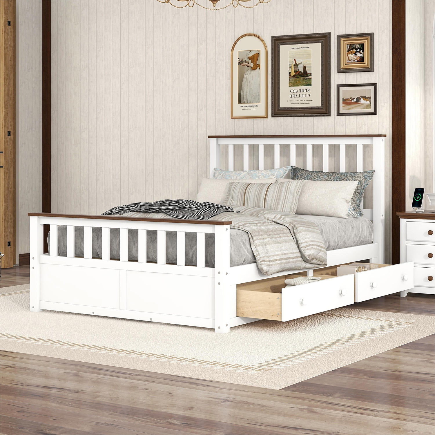 Kepooman Full Size Wood Platform Bed with Two Drawers and Wooden Slat Support, White & Walnut Kepooman Full Size Wood Platform Bed with Two Drawers and Wooden Slat Support, White & Walnut