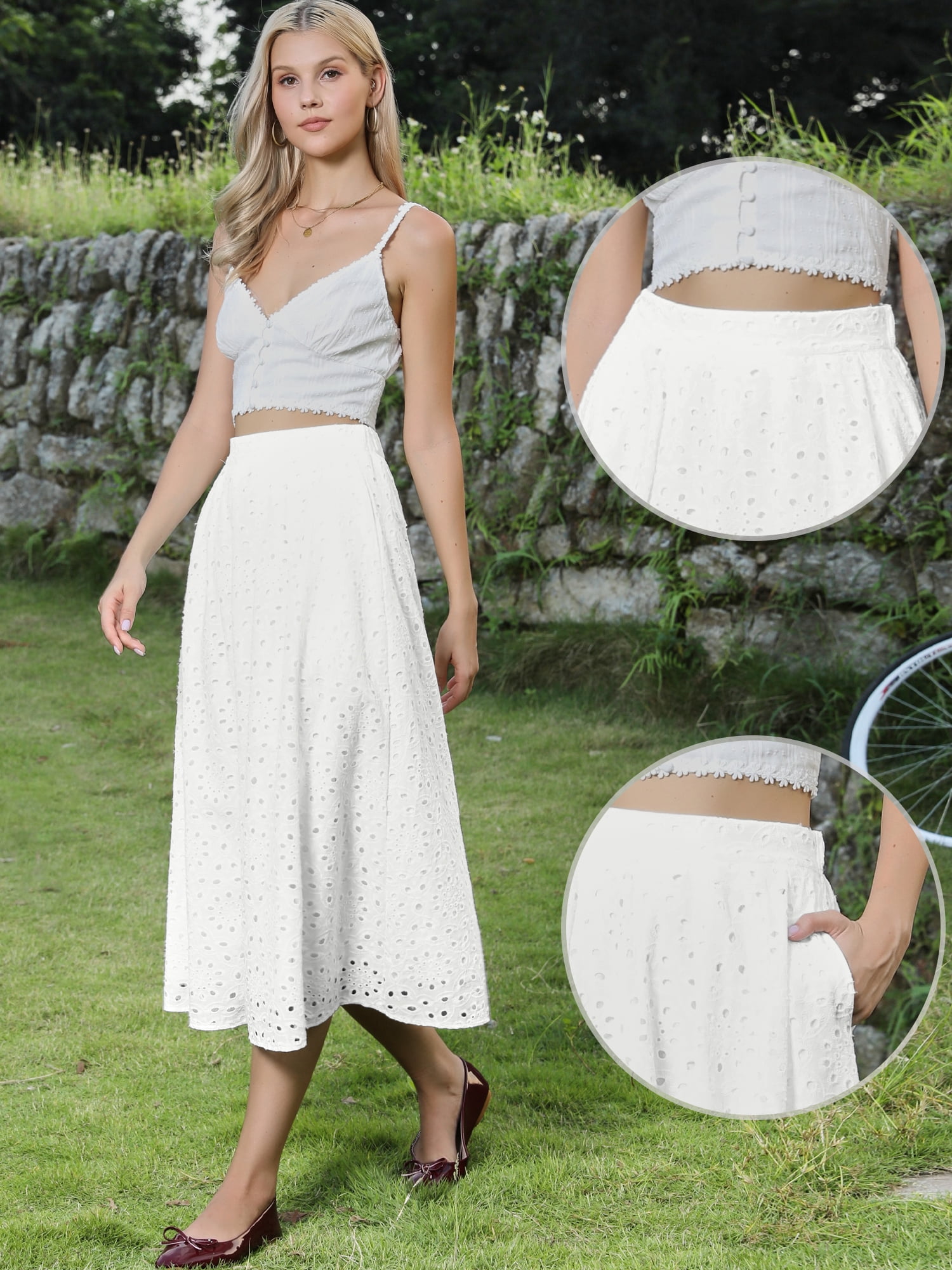 DARING DIVA Women's A Line Flowy Eyelet Midi Skirts Small White