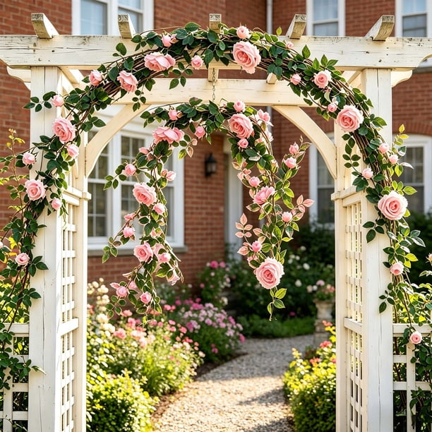 Yhmxh Guirnalda de rosas artificiales de 1,8 m, flexible, colgante, hecha a mano, con hojas verdes, cuerda floral de seda para arco de boda, valla de jardín, pared del hogar, patio y decoración de