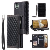 Feishell Crossbody Wallet Case for Samsung Galaxy A22 5G,Luxury PU Leather Magnetic Buckle Zipper Pocket Card Slots Shockproof Flip Stand Phone Cover with Hand Strap & Shoulder Strap,Black