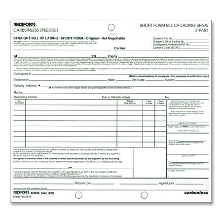 UPC: 0077925616951 | Rediform Bill of Lading  Three-Part Carbonless  7 x 8.5  1/Page  50 Forms