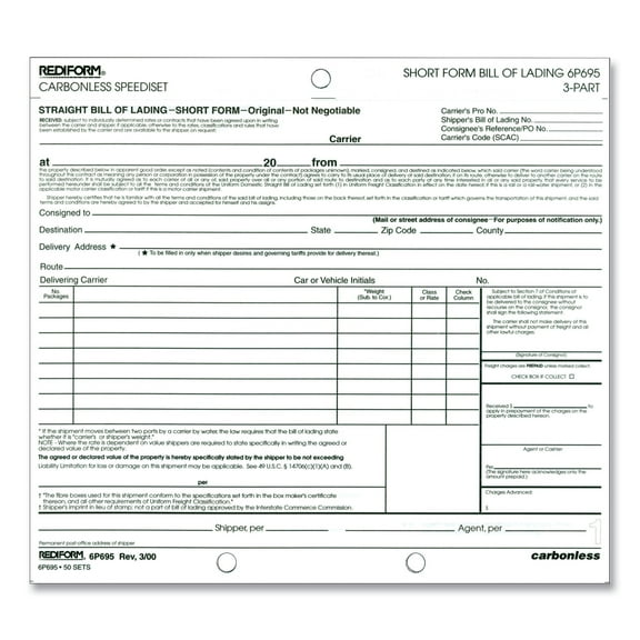 Rediform Bill of Lading, Three-Part Carbonless, 7 x 8.5, 1/Page, 50 Forms