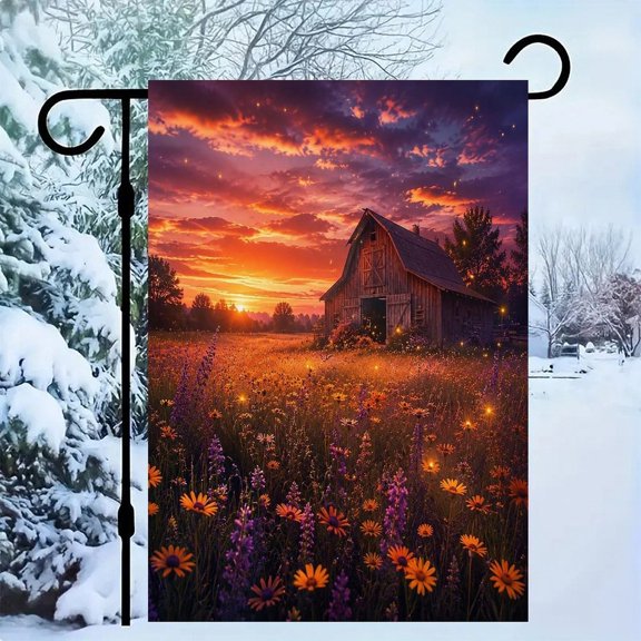RKSupls Patriotic Linen Double Sided Garden Flag, Independence Day Themed Yard Decor, Farm Barn Sunset Wildflowers Outdoor Banner for Holiday Lawn