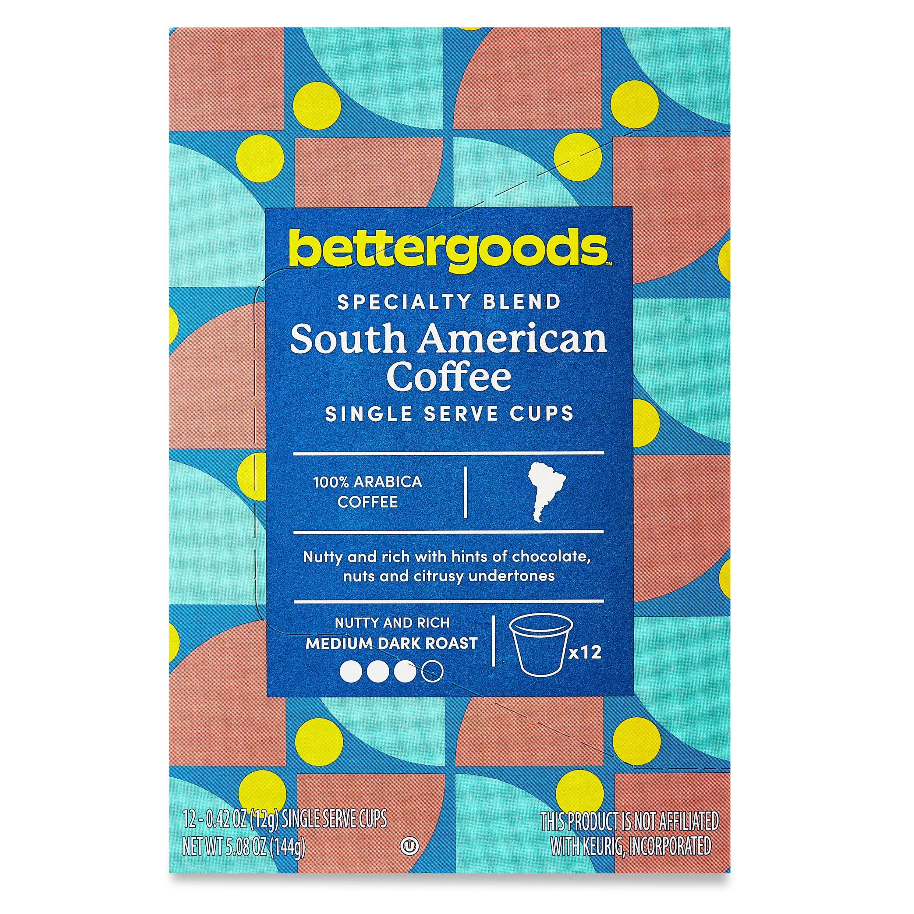 (3 pack) bettergoods Specialty Blend South American Coffee, Medium Dark Roast, Single Serve Cups, 0.42 oz, 12 Count