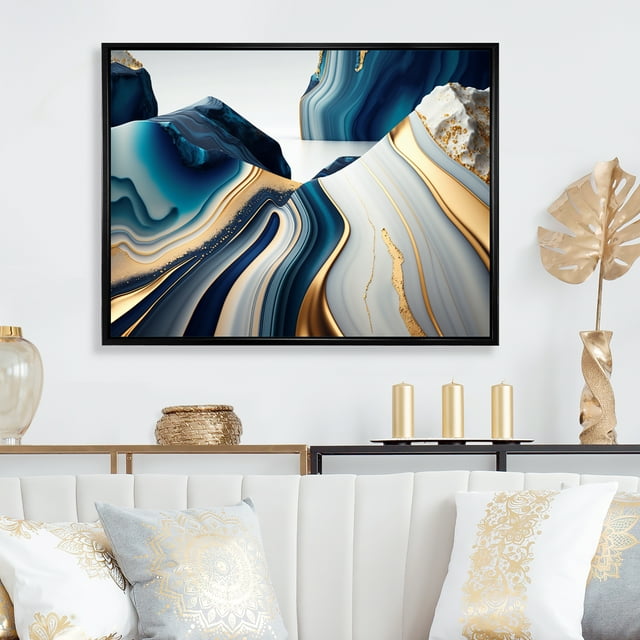 Designart Blue Modern black framed wall art, Abstract framed wall art Print, Waves of Blue and Gold Geode I , Abstract framed wall art decor, 32x24 inches black frame