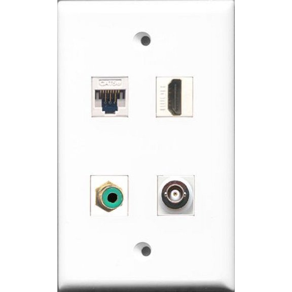 RiteAV - 1 Port HDMI and 1 Port RCA Green and 1 Port BNC and 1 Port Cat5e Ethernet White Wall Plate