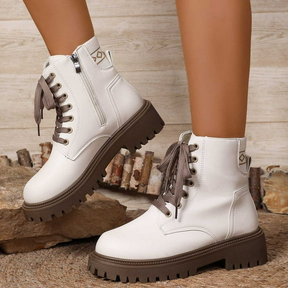 Ankle Boots for Women Side Zipper Lace up Booties Winter Combat Boot (Beige 40)