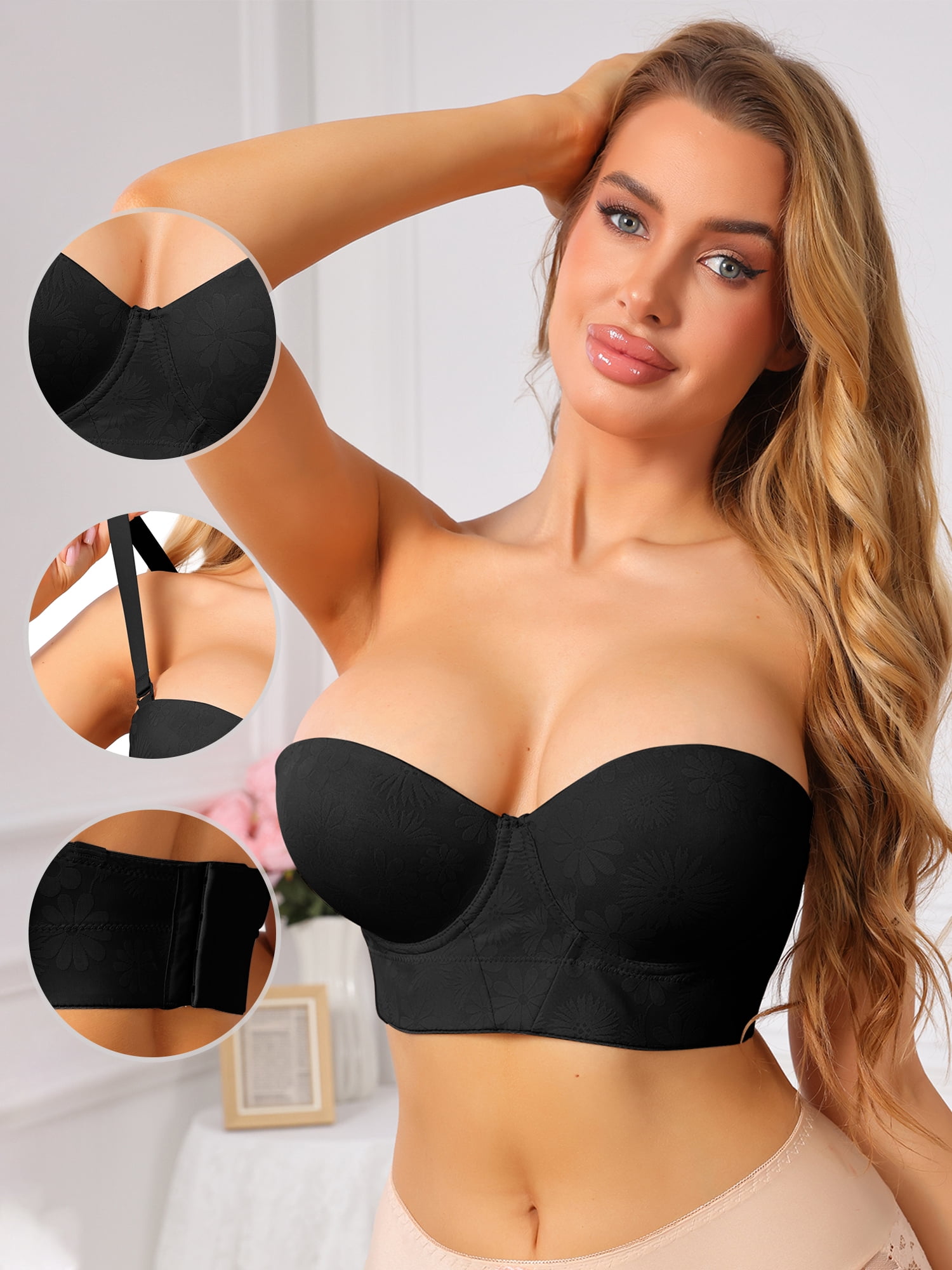 DARING DIVA Women's Non-Slip Underwire Push Up Lace Longline Strapless Bra C 36 Black