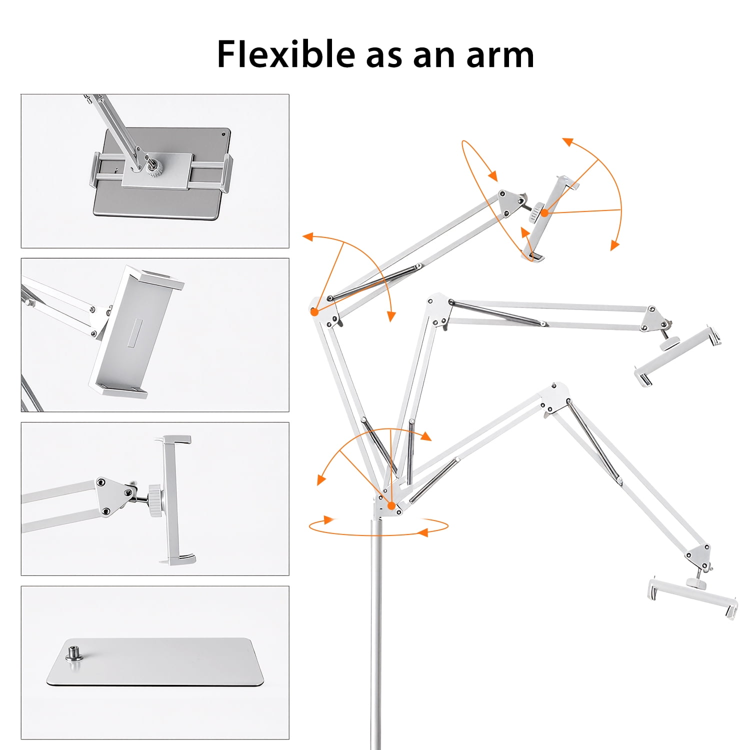 Hanru Tablet Floor Stand, 69" Height Adjustable 360-degree Rotatable Tablet Holder, Arm Stretchable Stand, Overhead Bed Phone Mount（4"~12.9''), White