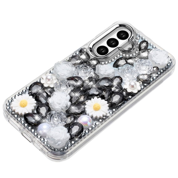 XPM for Samsung Galaxy S26  / S26 Plus Fashion Daisy Floral Series, Full 3D Bling Crystal Diamonds Sparkling Rhinestone Glitter Hybrid Design Phone Case Cover (Black)