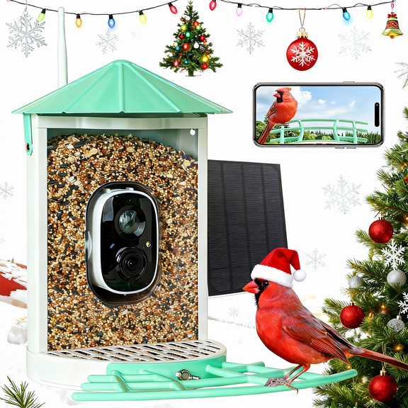 Birdkiss Smart Bird Feeder with Camera, Metal Squirrel Proof Bird Watching Cameras with AI Identification & Solar Panels, Gifts for Bird Lovers, Mint Green