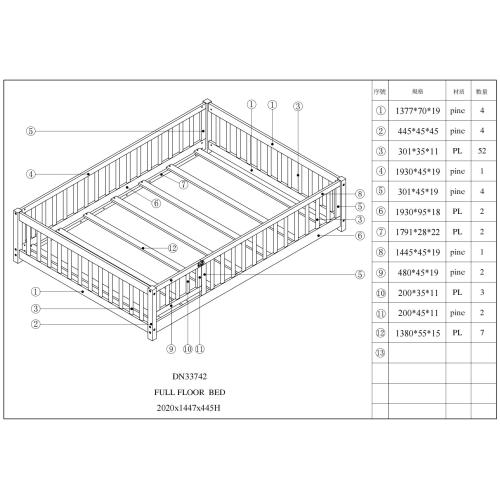 Full Size Floor Bed, Wooden Full Bed Frame with Fence Guardrails & Support Slats & Revolving Door Design, Grey