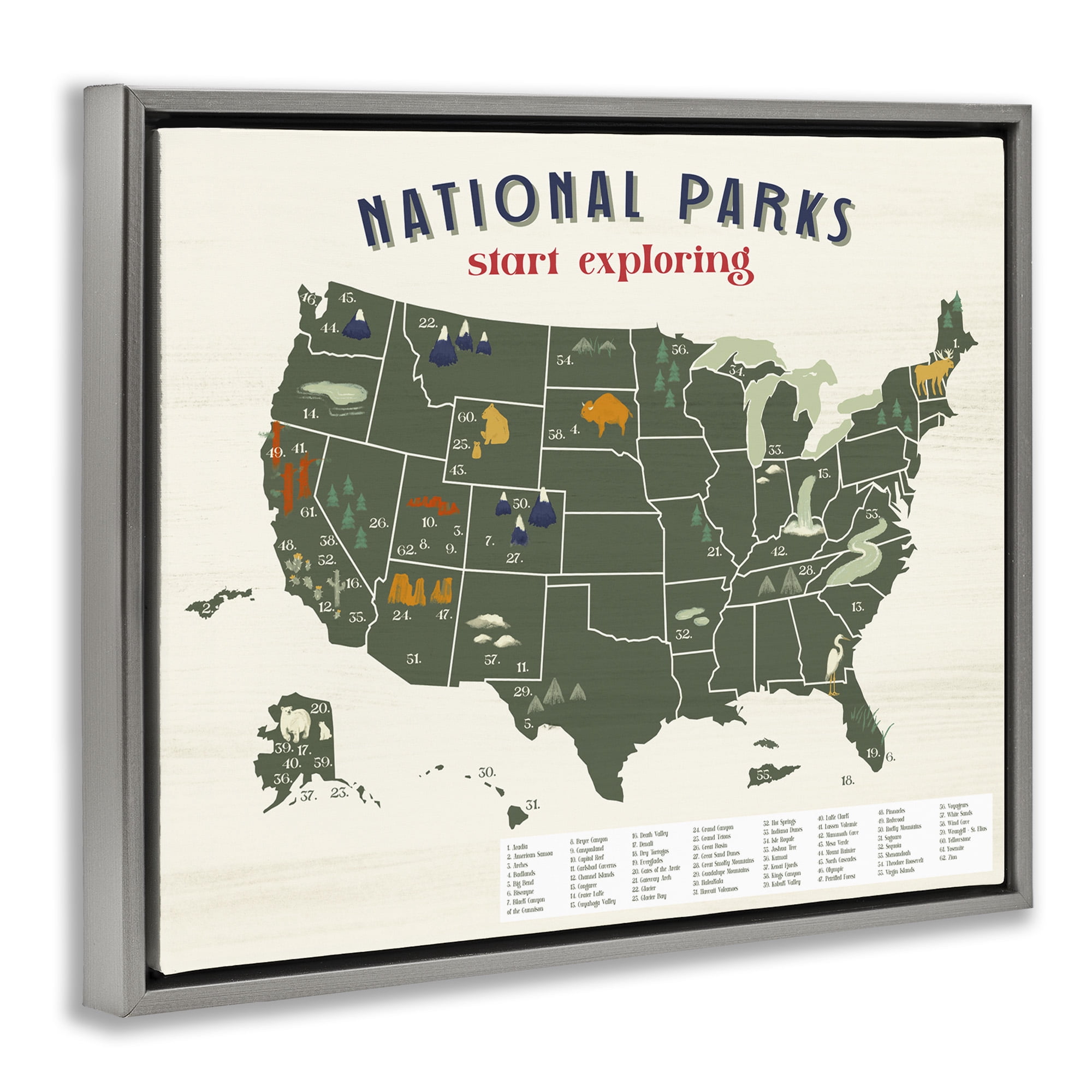 Stupell Industries National Parks Map Diagram Town & City Painting Gray Floater Framed Canvas Art Print Wall Art, 31 x 25