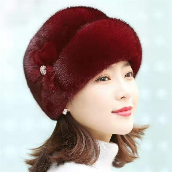 Bunenne Bucket Hats for Woman Chemo Headwear for Women Beanies for Winter Women's Hats Winter Faux Flower Decor Hats Elderly Hats Old Ladies Hats Fleece Beanie Turbans for Women Wine One Size