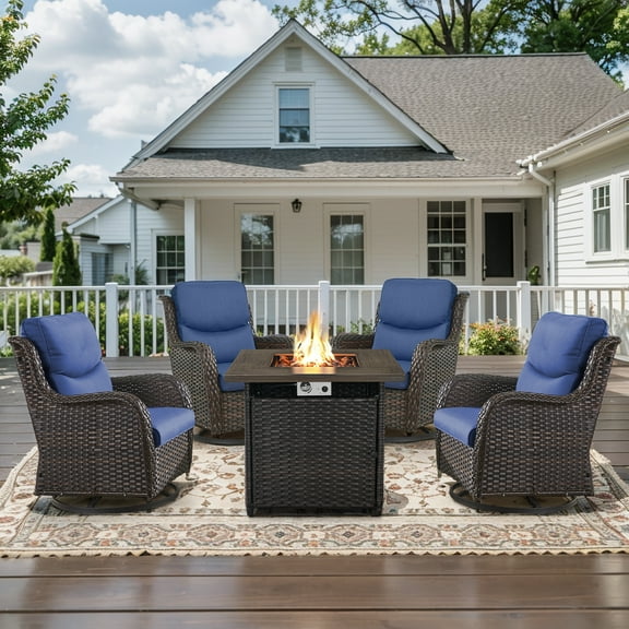 OPOHORO Swivel Outdoor Chair Set of 4 with 30" Propane Fire Pit Table, Patio Furniture Set with Firepit Brown Wicker High Back Patio Swivel Chairs for Garden Balcony Porch - Brown/Blue