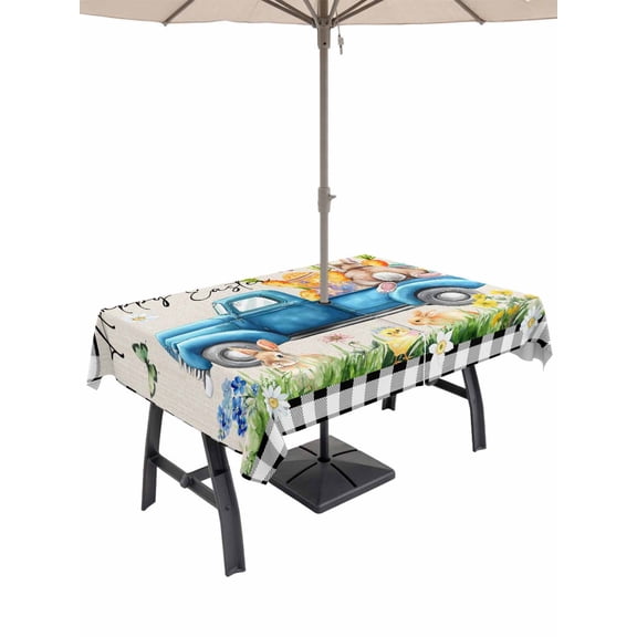 Outdoor Tablecloth with Umbrella Hole and Zipper, Black Plaid Easter Rectangle Table Cloth 54x80 Inch Waterproof Tablecloth, Truck Spring Floral Bunny Animals Rustic Picnic Table Cover for Patio
