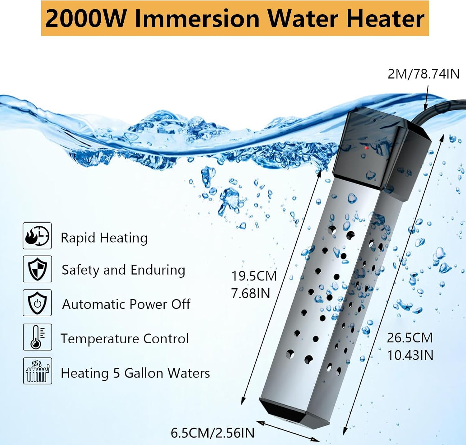 Immersion Water Heater with Thermostat,2000W Heater for Inflatable Above Ground Swimming Pool, Portable Submersible Bucket Heater, Bathtub Electric Water Heater with  Stainless Guard