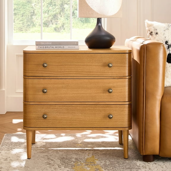 26" Modern 3 Drawers End Table Curved Table with Charging Station for Living Room Oak