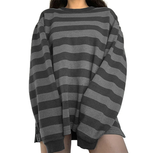 Chandail à Rayures pour Femmes, Coupe Ample, Col Rond, Manches Longues, Chandail Boyfriend, T-Shirt Esthétique Grunge