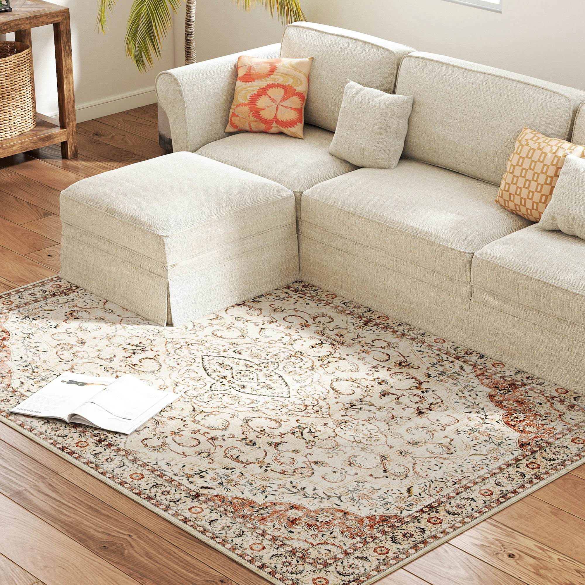 HOMCOM Area Rug 4x6, Machine Washable Rug, Non-Slip Classical Floral Print Floor Carpet for Living Room, Bedroom, Dining Room, Mixed-Brown