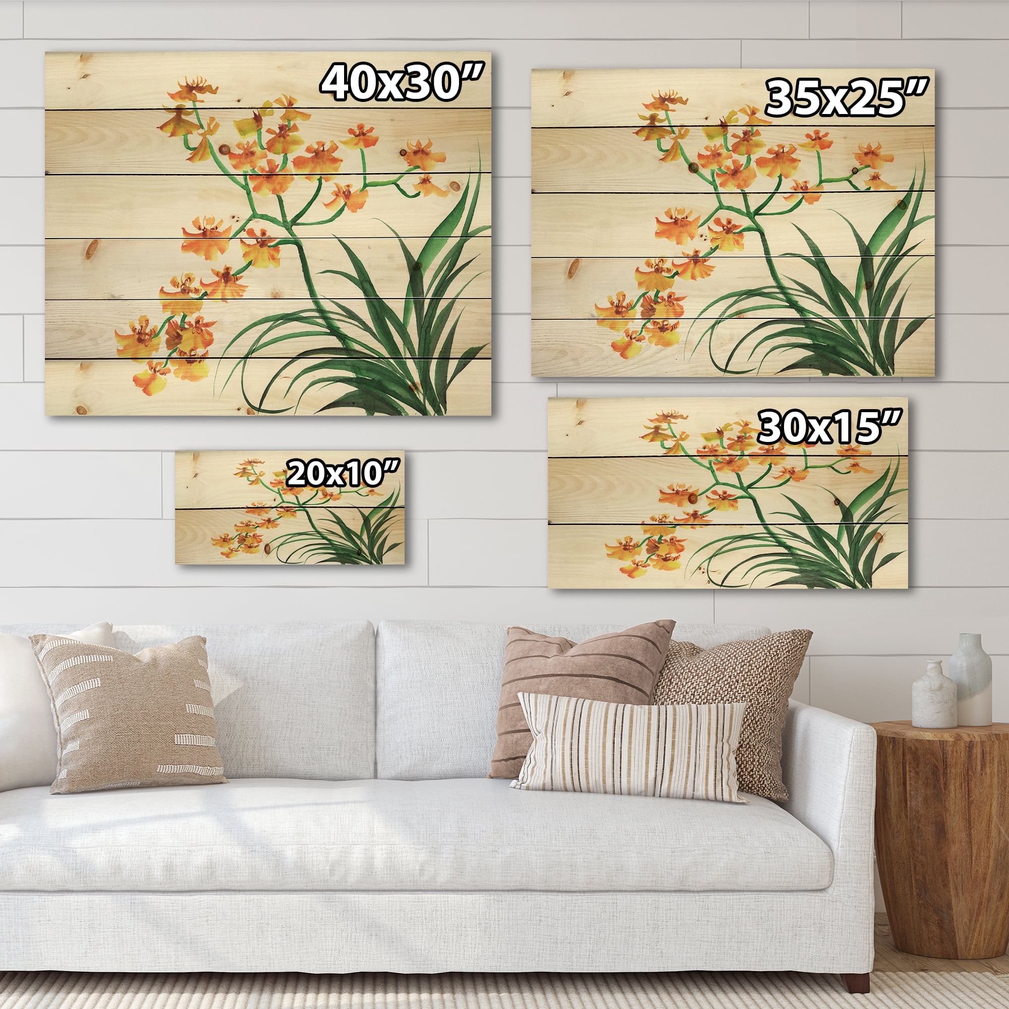 Designart 'Yellow Vintage Orchids On White' Traditional Print on Natural Pine Wood