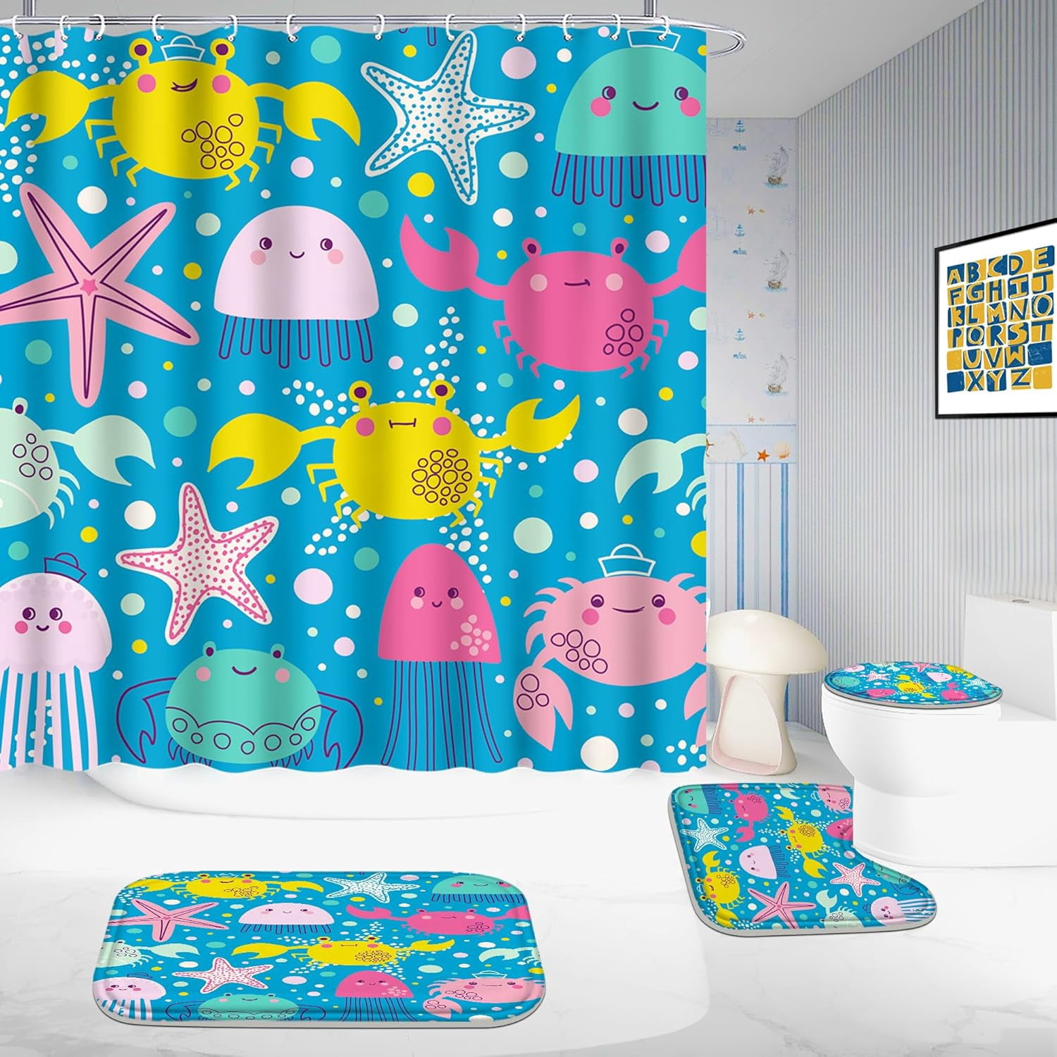 4 Pcs Bathroom Shower Curtain Set,Kid's Bathroom Set,Baby Octopus Shower Curtain Sets with Rugs(Bath Mat,U Shape and Toilet Lid Cover Mat) and 12 Hooks