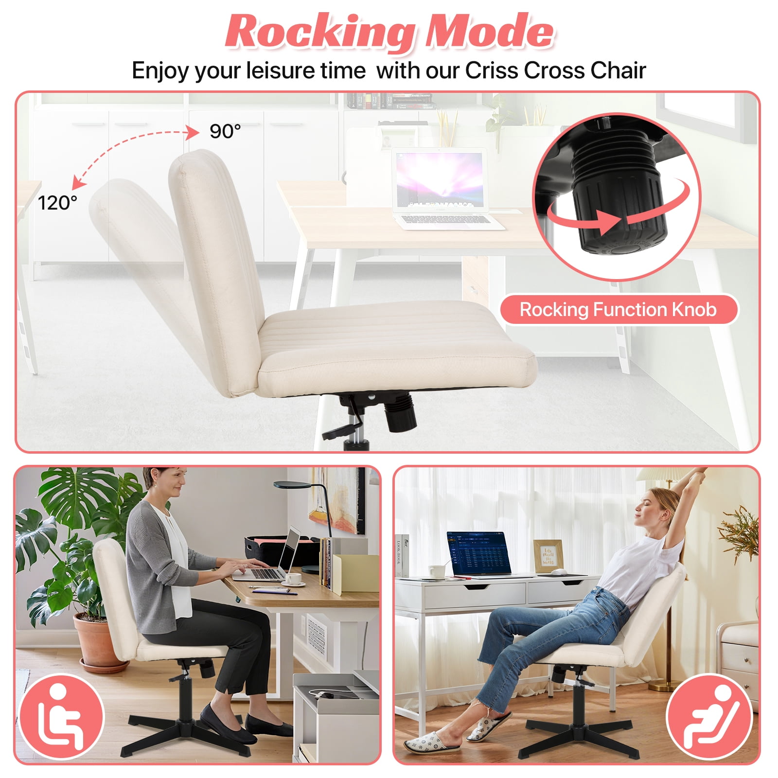 Criss Cross Chair, Armless Vanity Chair Cross Legged Office Chair, Adjustable Wide Swivel Desk Chair for Home Office No Wheels, Beige