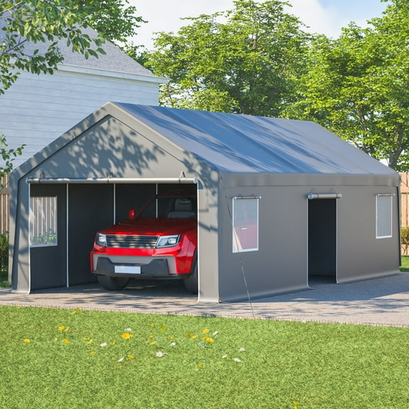 13x26 FT Carport Canopy with 2 Roll-Up Doors and Side Door, Heavy Duty Garge with Removable End Walls and 4 Windows, Portable Car Shed for Car, Truck, Boat, Vehicle, Dark Grey