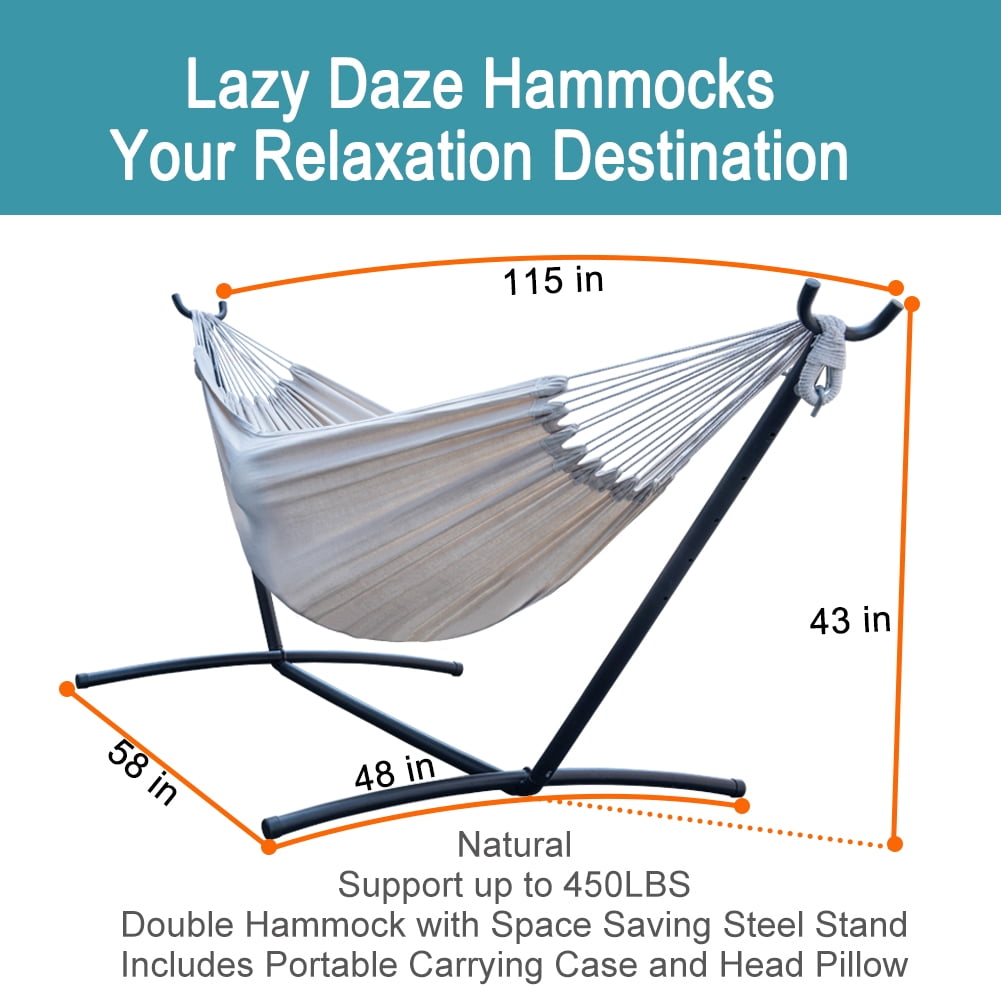 Lazy Daze Hammocks Double Hammock with Built-in Pocket and Space Saving Steel Stand Includes Portable Carrying Case and Head Pillow, 450 Pounds Capacity (Natural)