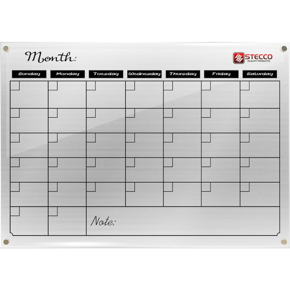 STECCO Kitchen Magnetic Dry Erase Fridge Calendar. Acrylic Dry Erase Monthly Calendar. Acrylic Magnetic Calendar for Fridge. Family Calendar. Nano Stickers included for wall mount.