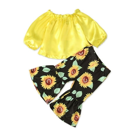 

LBECLEY Outfit Set Tee+Floral Off-The-Shoulder Kids Toddler Tops Set Pants Bell-Bottoms Girls Baby Girls Outfits&Set Long Sleeve Baby Outfit Yellow 90