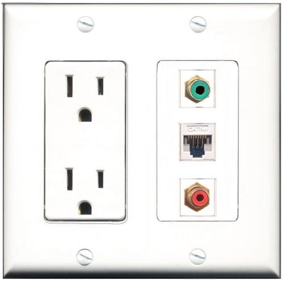 RiteAV - 15 Amp Power Outlet 1 Port RCA Red 1 Port RCA Green 1 Port Cat5e Ethernet White Decorative Wall Plate