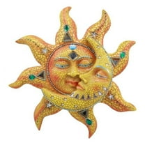 Ebros Orange Mosaic Face Sun with Yellow Mosaic Moon, 13"H Wall Plaque Decor