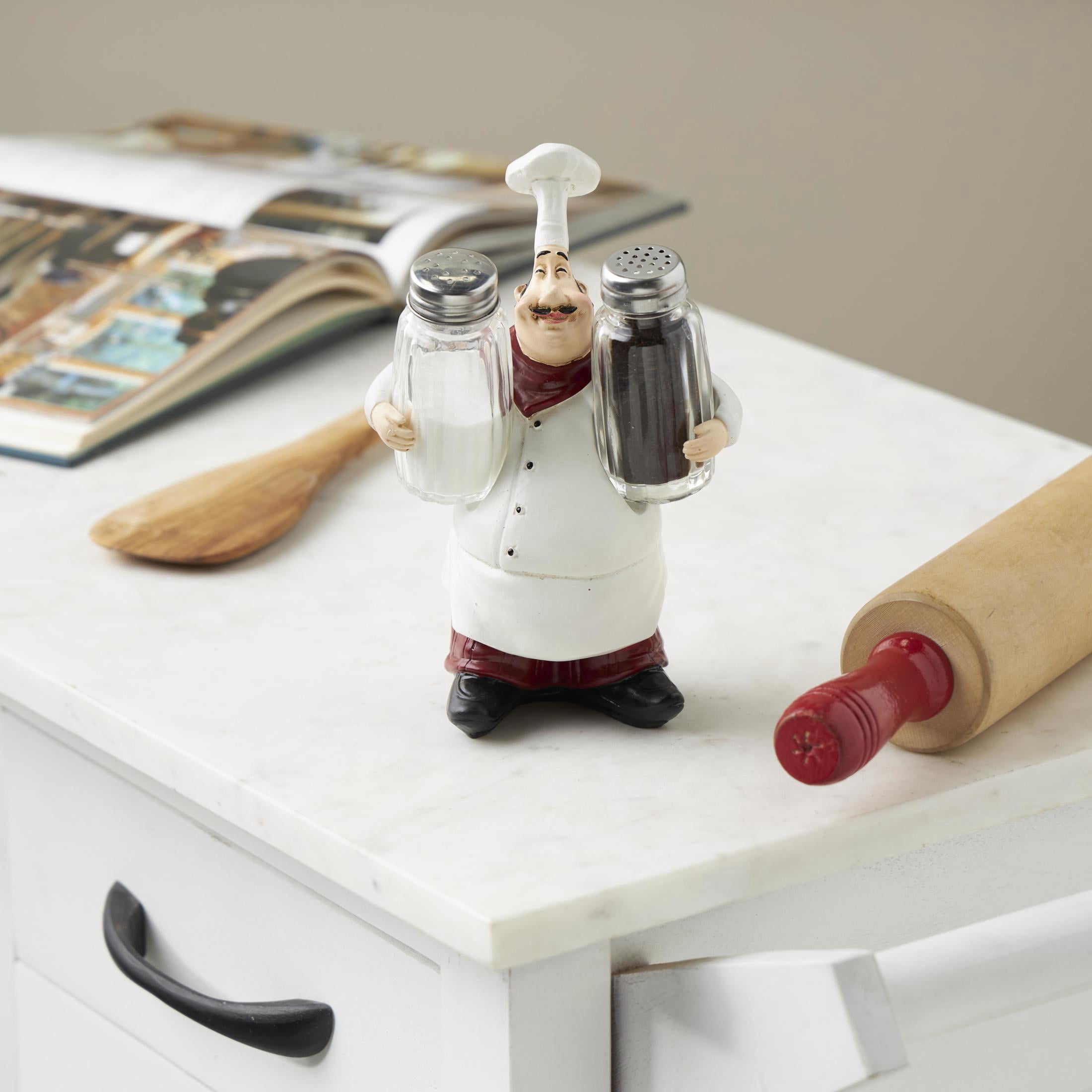 Chef 8.0" Polystone Figurine Salt and Pepper Shaker Holder with Red Accents, by DecMode