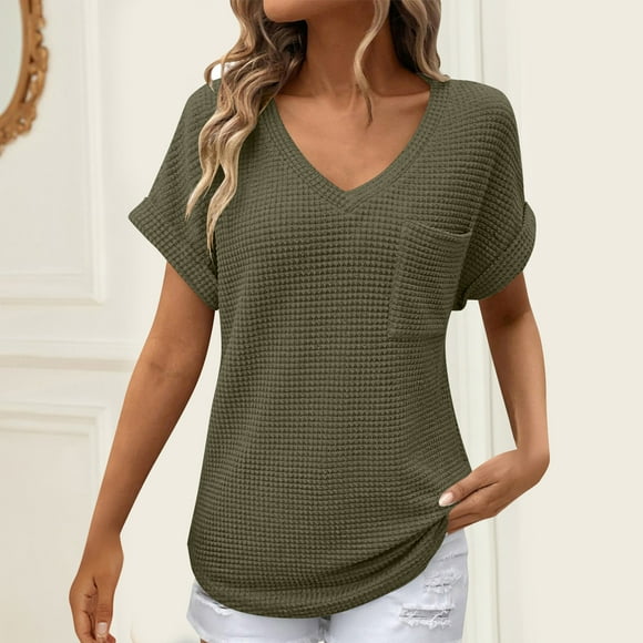 Meichang Womens Waffle Knit Tops Spring Summer V Neck T Shirts Dressy Casual Work Tee Shirts Solid Color Basic Tees 2025 Clearance Sales