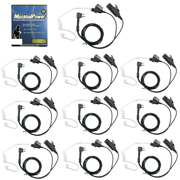 MaximalPower High Quality Acoustic Tube Earpiece Surveillance Kit with PTT and with Kevlar Enforcement In The Cable  for Motorola 2 Pin Plug Two Way Radios -  10 Pack