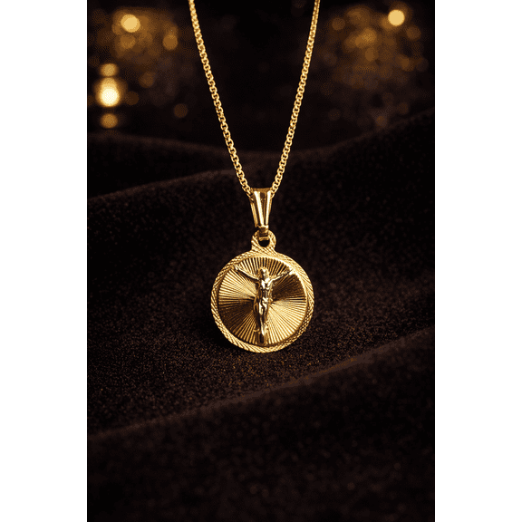 14K Gold Filled Round Jesus Necklace for Womens Box Link Chain 18" Elegant