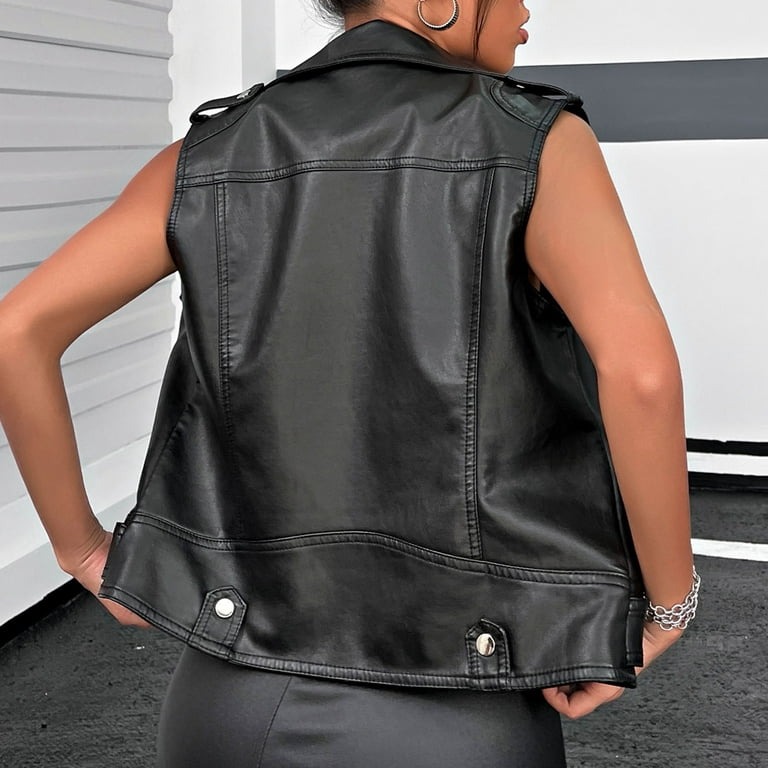 XFLWAM Faux Leather Vest For Women Lapel Sleeveless Moto Slim Fit PU  Motorcycle Biker Waistcoat Outerwear Coat Black XL 