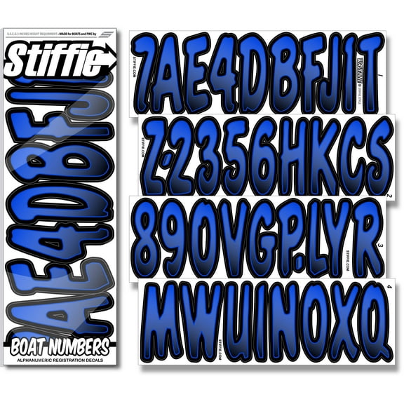 STIFFIE Waveline Blue/Black 3” Boat  PWC Registration Decals • Numbers Letters Stickers