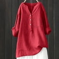 thumbnail image 2 of Delconic Women's Casual Loose Fit Linen Blouse, Button-Down V Neck Long Sleeve Shirt, Lightweight Breathable Top for Everyday Wear Red 4XL, 2 of 5