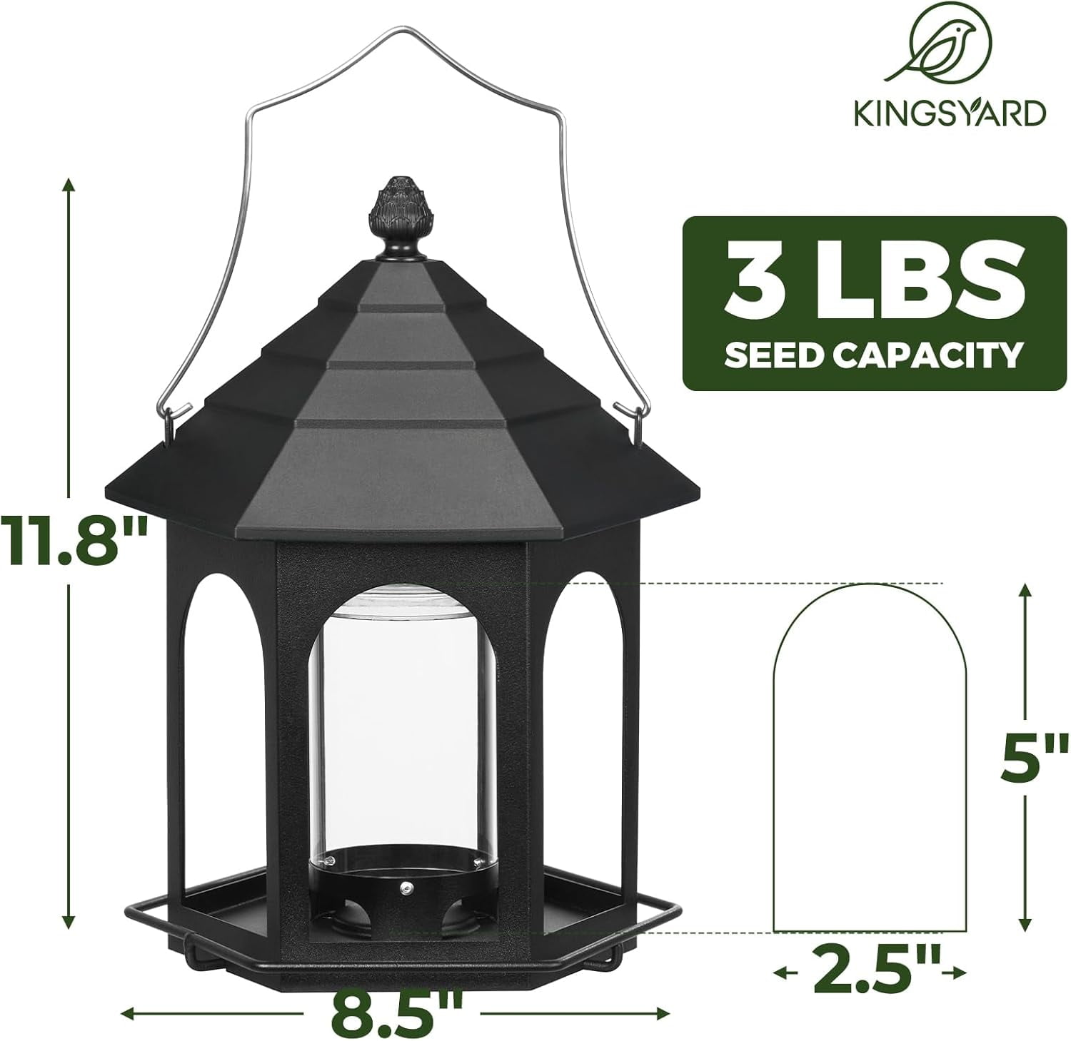 Kingsyard Metal Bird Feeder for Outdoors Hanging, 3 lbs Seed Feeder, Wild Feeders Garden Cardinal Finch Bluebird, Easy to Fill & Clean, Black