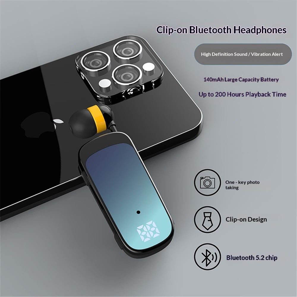 Clip On Bluetooth Earphones, Retractable Bluetooth Headphones, Collar Clip Headsets LED Battery Display, Fast Earpiece v5.2 with Microphone Handsfree for Cell