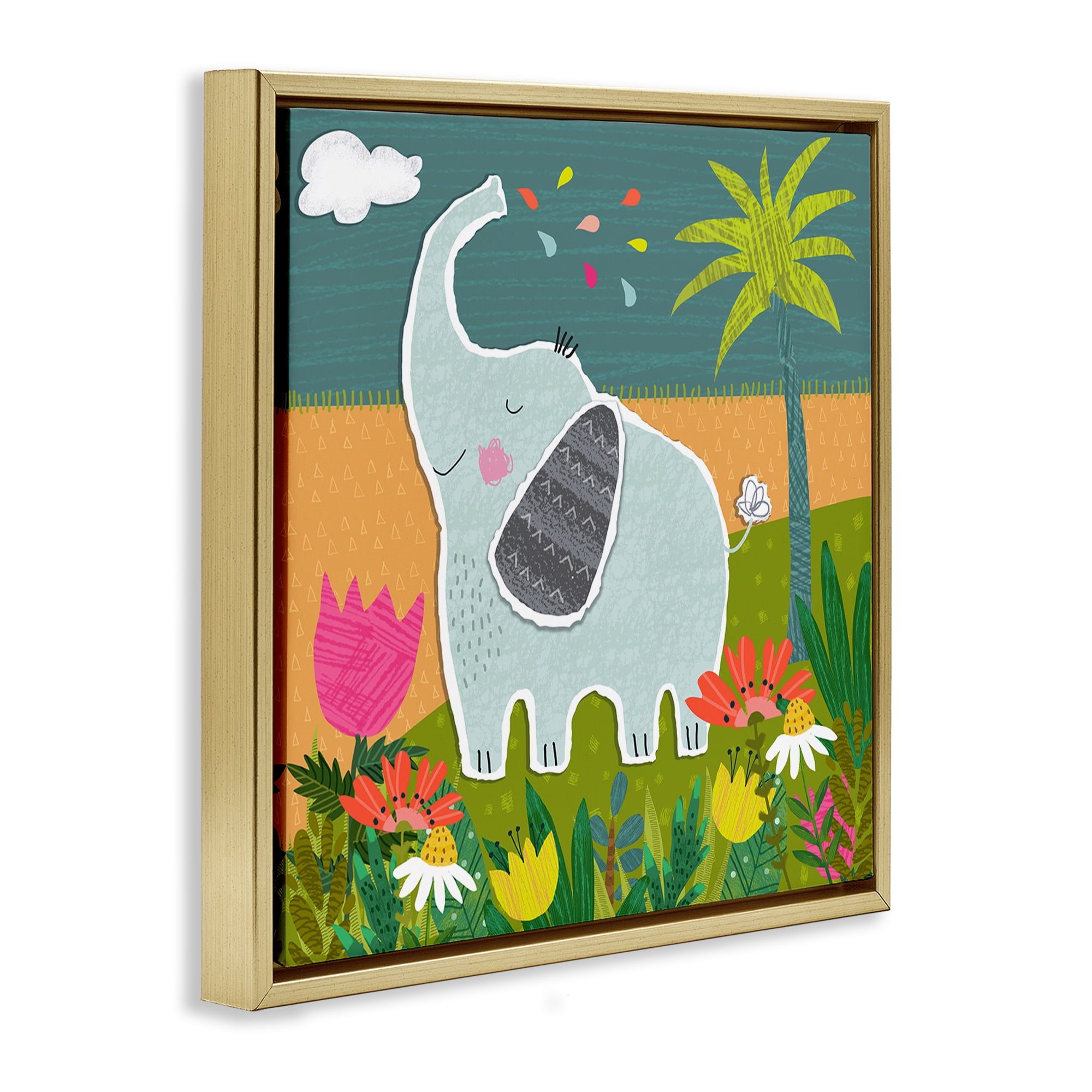 Stupell Industries Tropical Elephant Scene Animals Painting Gold Floater Framed Canvas Art Print Wall Art, 25 x 25