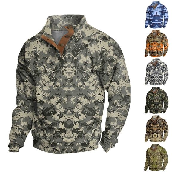 Men's Camo Print Stand Collar Sweatshirt, Spring Fall Outdoor Casual Button Front Pullover for Hiking, Sports,Army Green,L