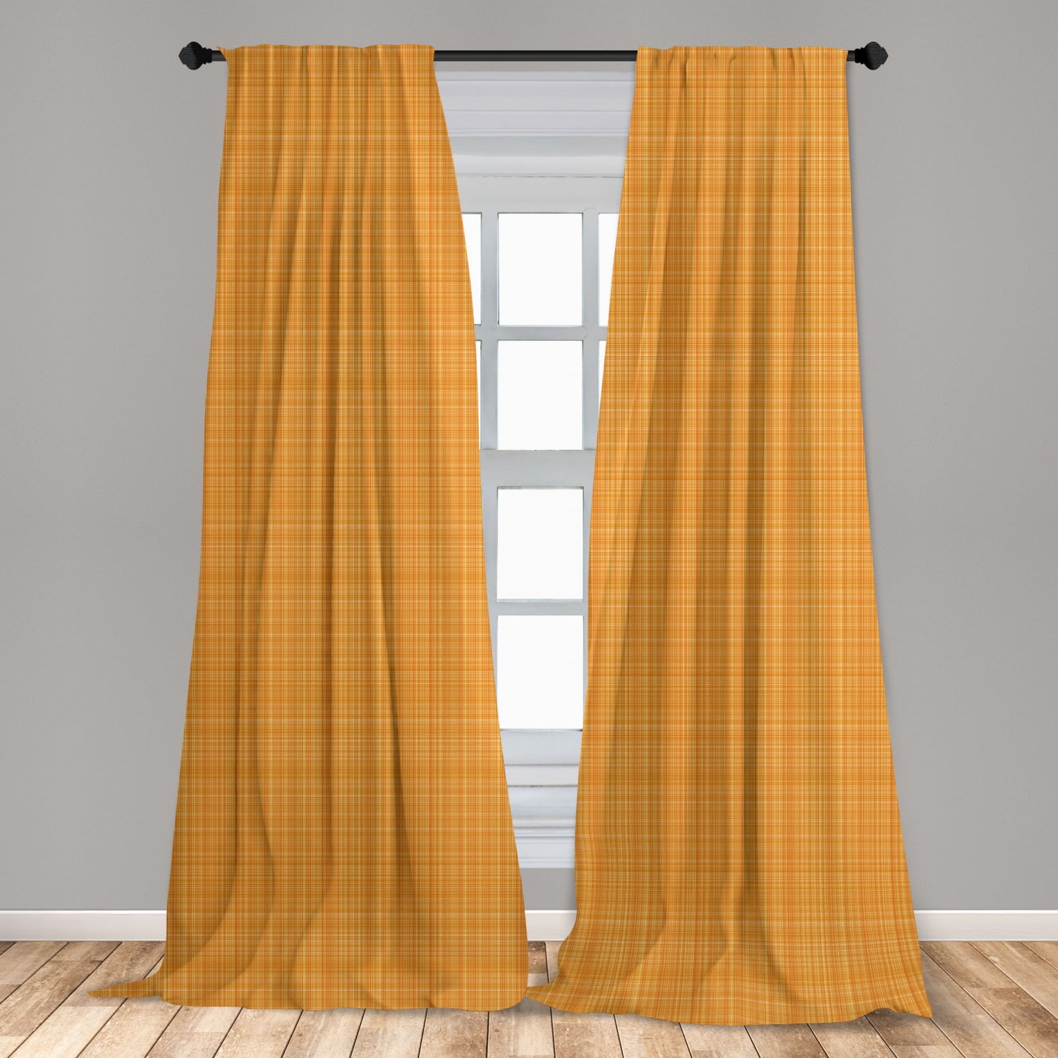 Orange Curtains 2 Panels Set, Striped Fiber Texture Image Abstract Thin Lines Complex Grid in