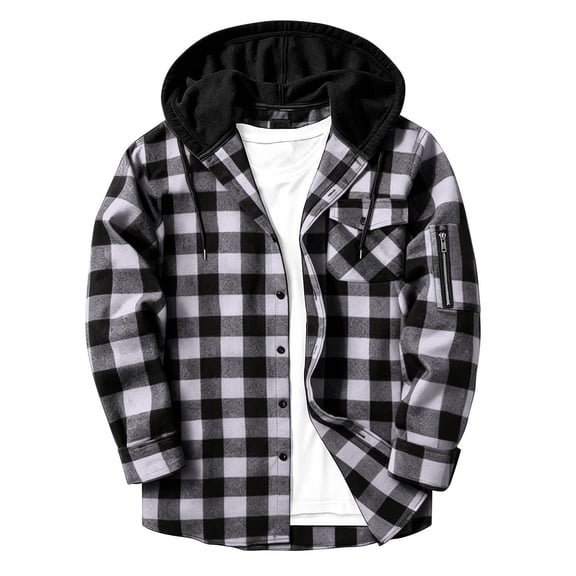 Guluxicc Men's Plaid Hoodies with Zipper Pocket Button Down Drawstring Long Sleeve Hooded Tops for Everyday Wear Summer Casual Outfits