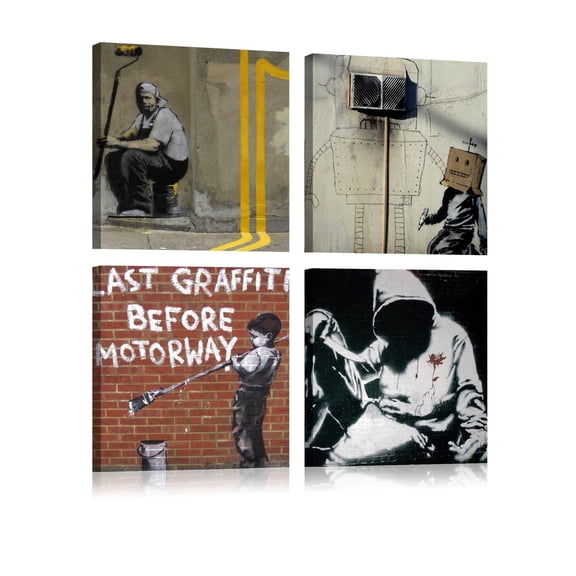 Tiptophomedecor Stretched Canvas Street Art - Banksy Composition Graffiti 4 Piece - Stretched & Framed Ready To Hang Art