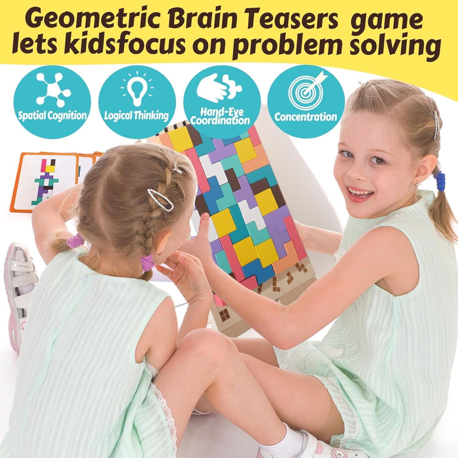Wooden Colored 3D Russian Block PuzzleToys,  Jigsaw Stacking Montessori Toys Educational Gift, Board Game 10-Card and 42-Piece Puzzle Toys Brain Blocks Teasers for 3-6 Years
